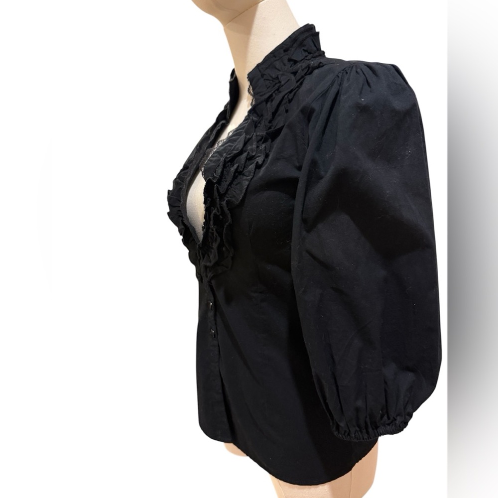 Black Ruffle-Trim Button-Down Blouse with Lace V-Neck - Picture 2 of 5